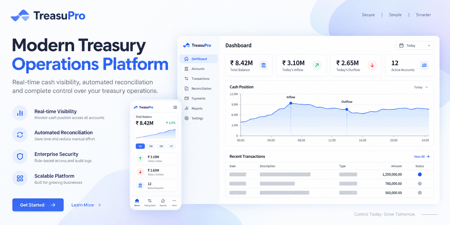 Treasury operations platform: a marketing page beside its dashboard, with an intraday cash-position chart and reconciliation ledger