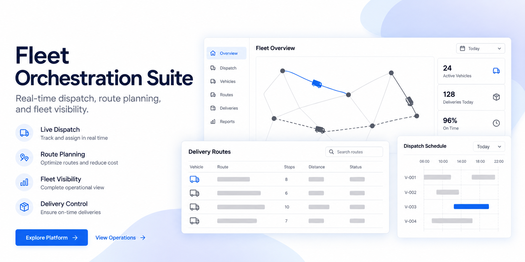 Fleet orchestration suite: a route network with vehicles in transit, a delivery-route table, and a dispatch schedule