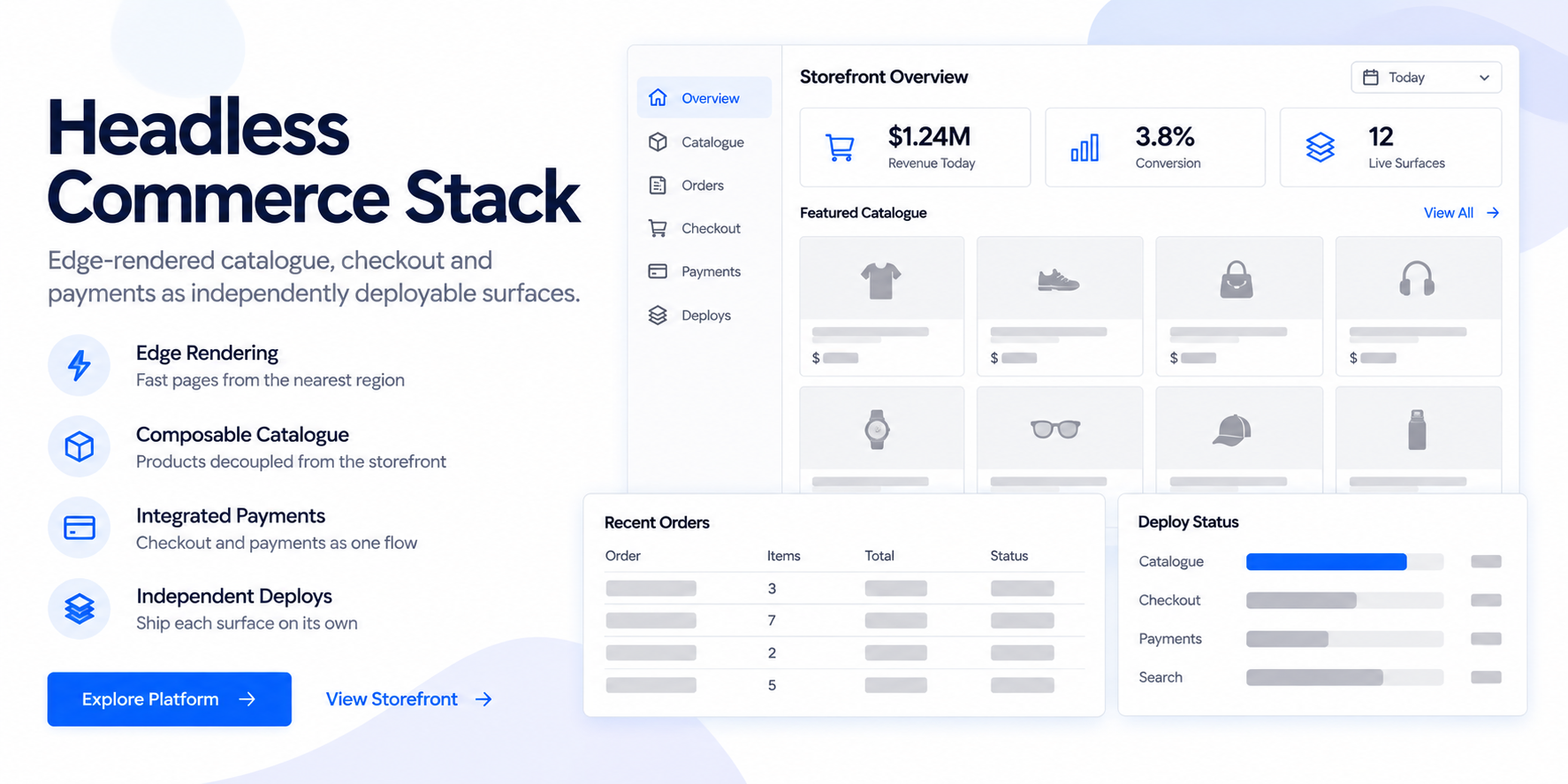 Headless commerce stack: a storefront overview with revenue and conversion figures, a catalogue grid, recent orders and per-surface deploy status